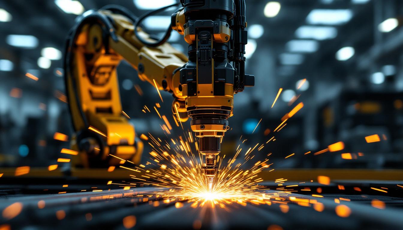 A photograph of a dynamic industrial robotic arm in action