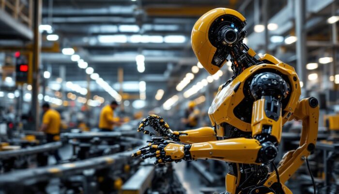A photograph of a sleek industrial robot in action within a modern manufacturing facility