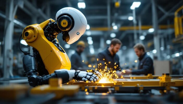 A photograph of a sleek industrial robot in action