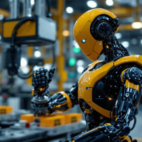 A photograph of a sleek industrial robot in action within a modern manufacturing facility