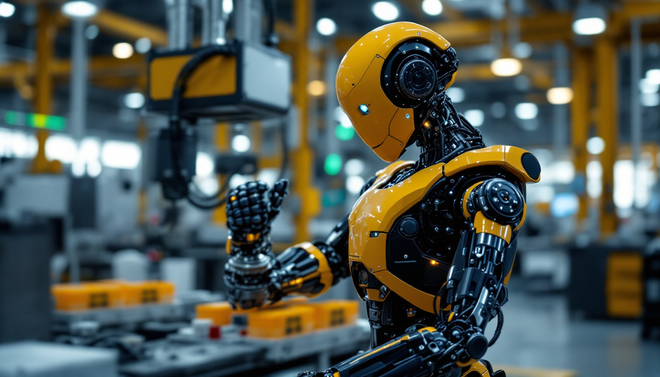 A photograph of a sleek industrial robot in action within a modern manufacturing facility