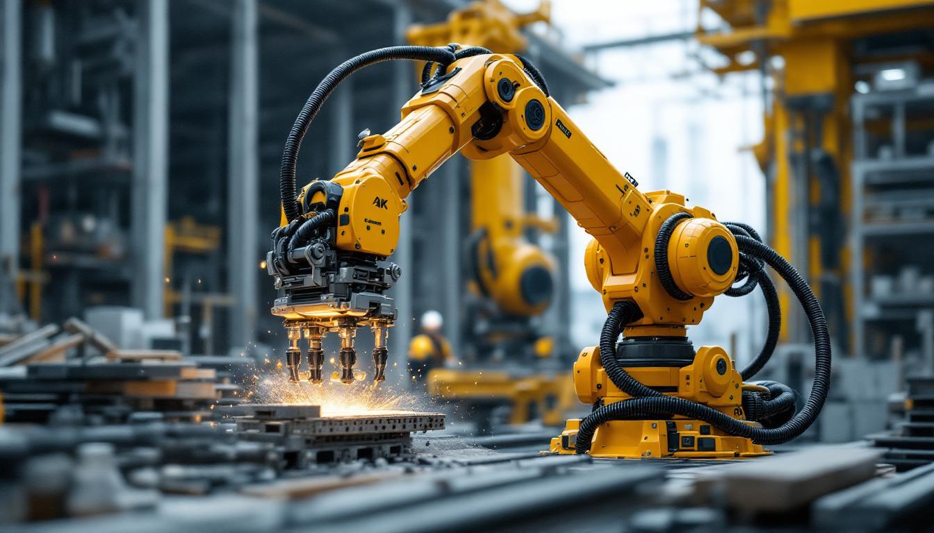 A photograph of a state-of-the-art industrial robotic arm in action on a construction site