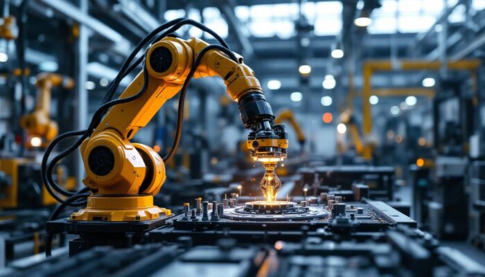 A photograph of a dynamic industrial setting showcasing a robotic arm in action
