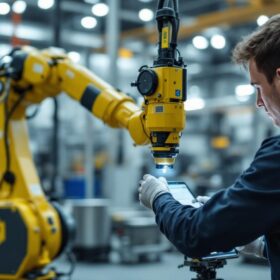A photograph of a trimble technician operating an industrial robotic arm in a modern manufacturing facility
