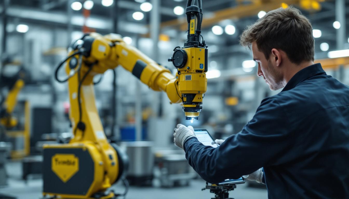 A photograph of a trimble technician operating an industrial robotic arm in a modern manufacturing facility