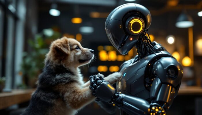 A photograph of a playful dog interacting with a sleek industrial robot in a modern workspace
