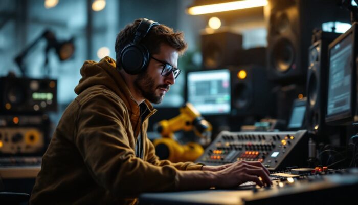 A photograph of a sound engineer at work in a modern studio