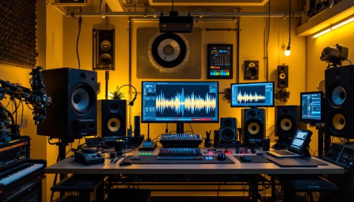 A photograph of a dynamic audio engineering workspace featuring a blend of industrial robotic equipment and audio mixing tools