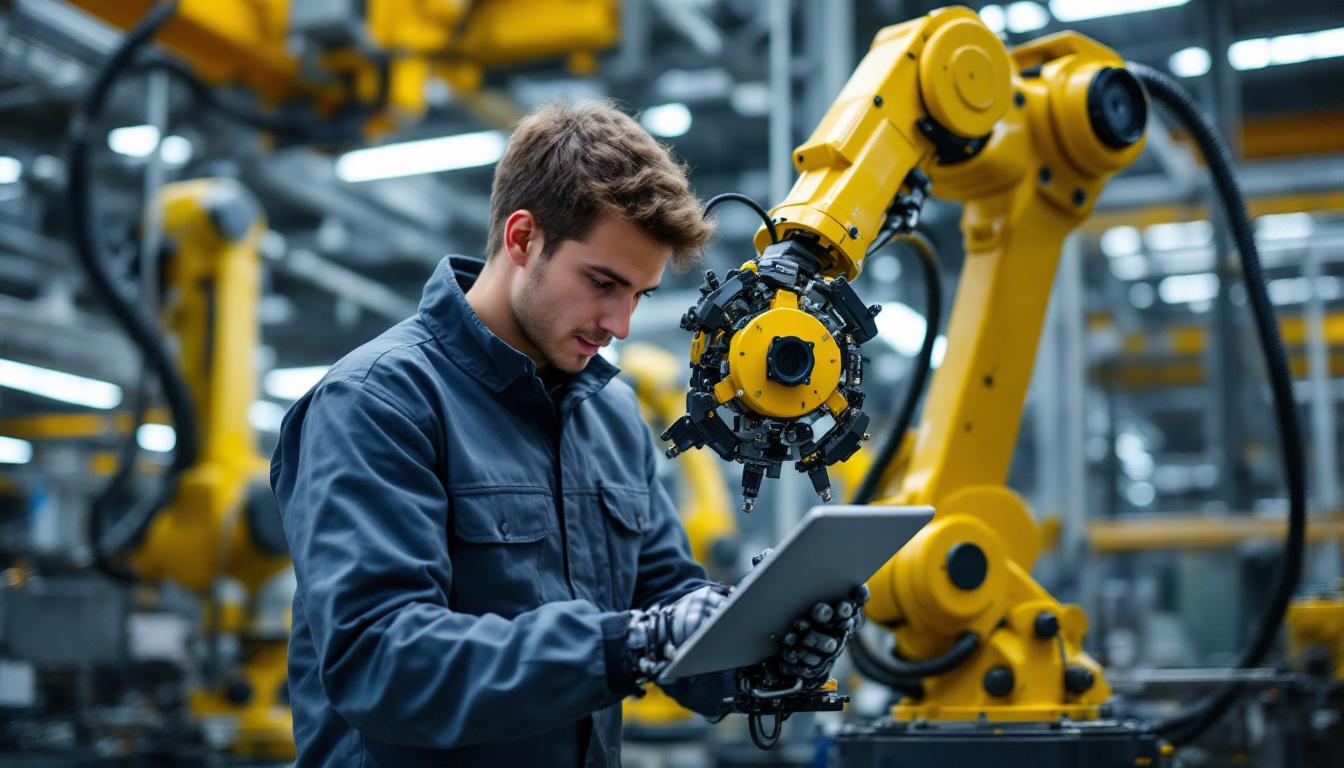 A photograph of a young electrical engineer working on an industrial robotic arm in a modern manufacturing environment