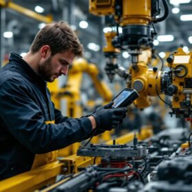 A photograph of a skilled technician using an inspection camera to examine intricate machinery within an industrial setting