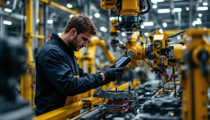 A photograph of a skilled technician using an inspection camera to examine intricate machinery within an industrial setting