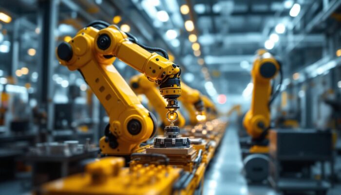 A photograph of a sleek industrial robotic arm in action within a modern factory setting