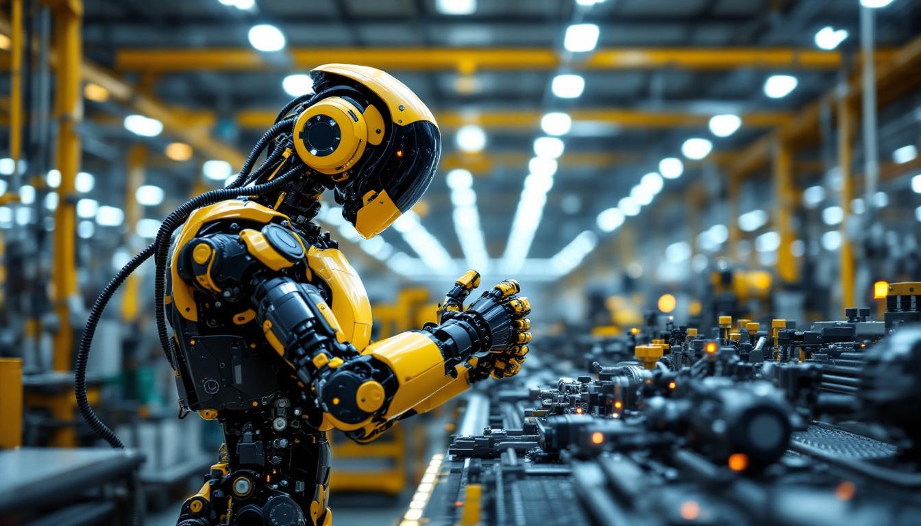 A photograph of a modern industrial robot assembling bus components in a well-lit manufacturing facility