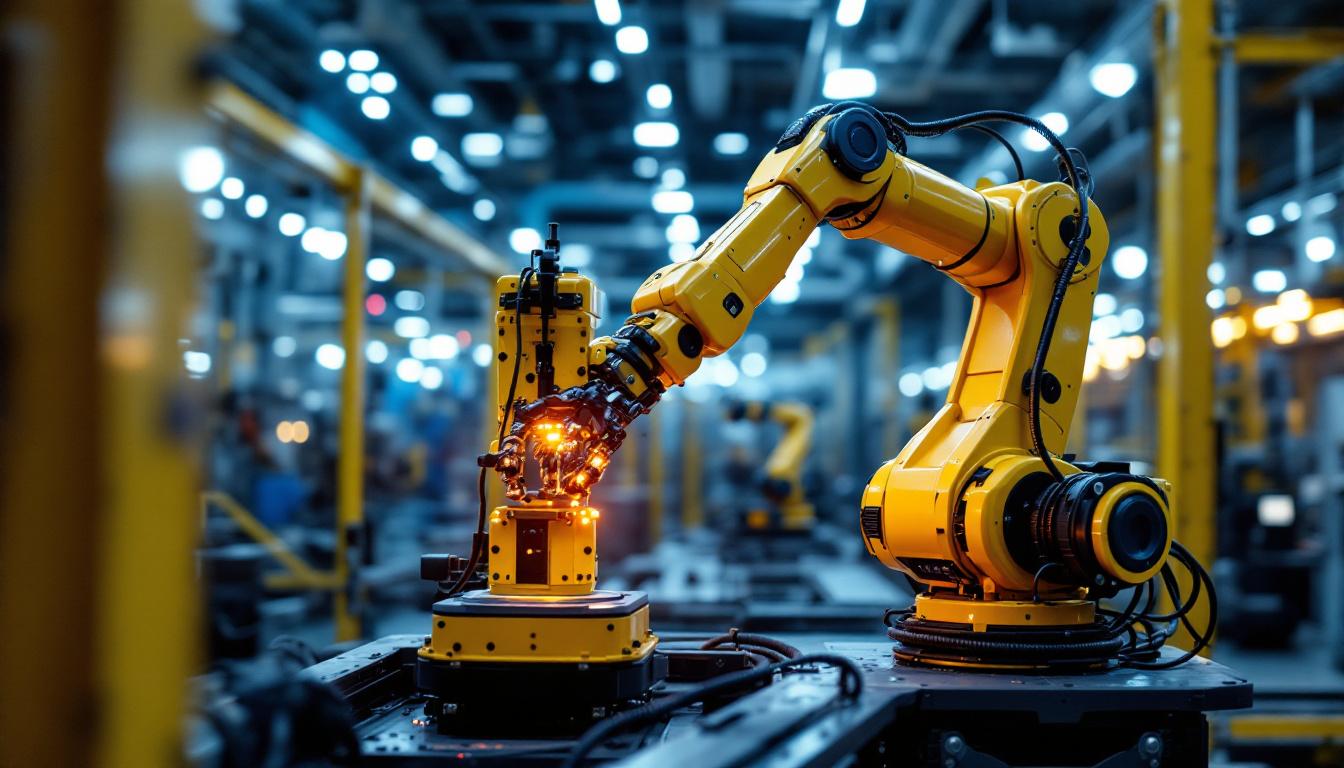A photograph of a sleek industrial robotic arm in action within a high-tech manufacturing environment