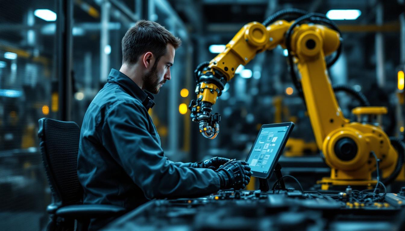 A photograph of a skilled technician operating a sophisticated industrial robotic arm in a modern manufacturing setting