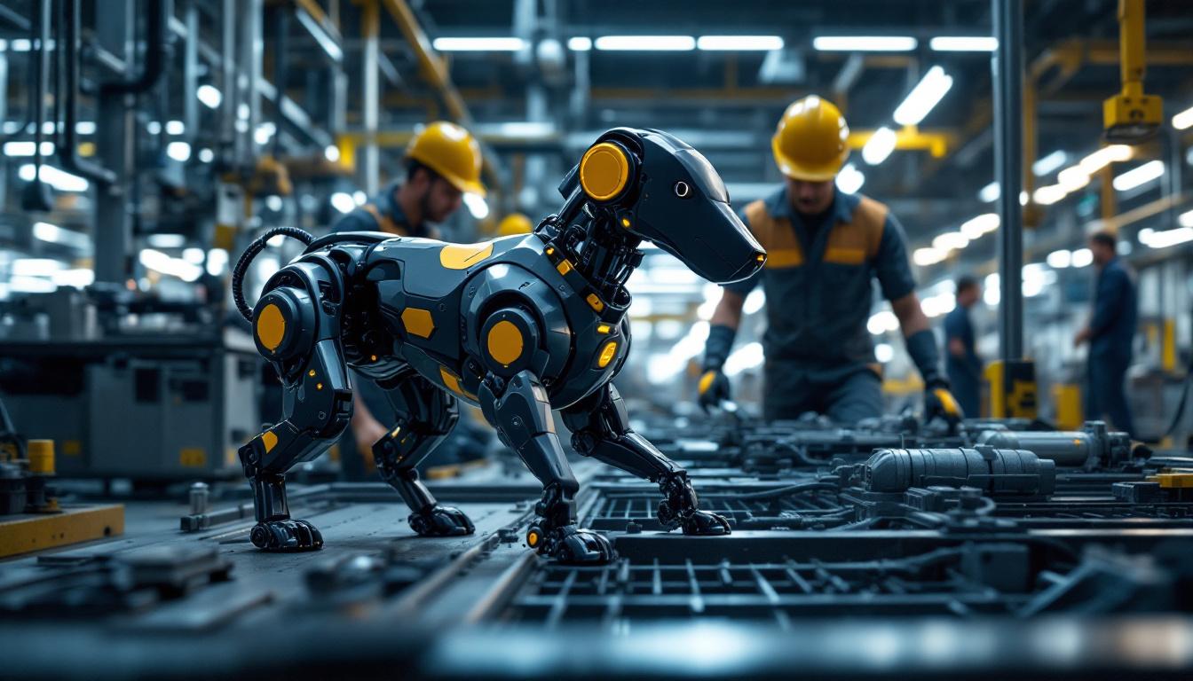 A photograph of a sleek industrial robotic dog in action within a modern manufacturing setting