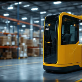 A photograph of a sleek agv forklift in action within an industrial setting