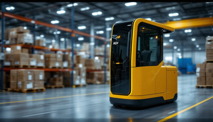 A photograph of a sleek agv forklift in action within an industrial setting