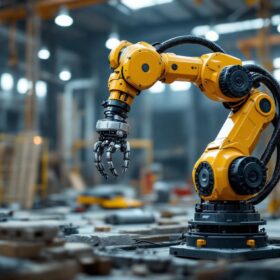 A photograph of a sleek industrial robotic arm in action