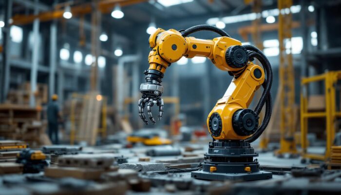 A photograph of a sleek industrial robotic arm in action