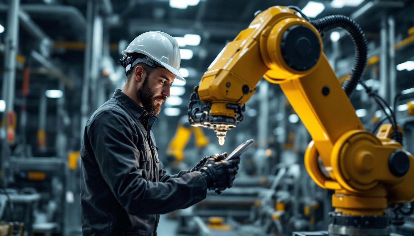 A photograph of a mechanical engineer in a modern industrial setting