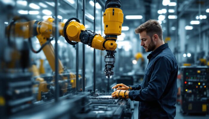A photograph of a skilled technician operating an industrial robotic arm in a manufacturing setting