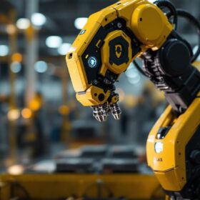 A photograph of capture a photograph of the hyundai atlas industrial robot in action within a modern manufacturing environment