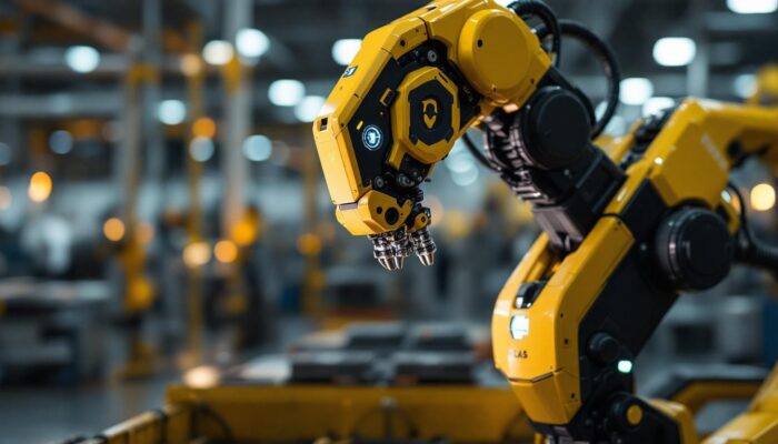 A photograph of capture a photograph of the hyundai atlas industrial robot in action within a modern manufacturing environment
