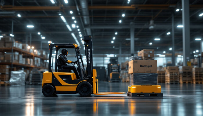 A photograph of a forklift robot in action within an industrial setting