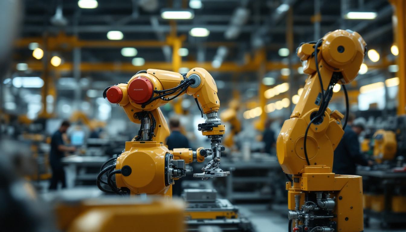 A photograph of a modern industrial robot in action within a boston manufacturing facility