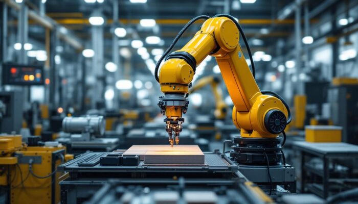 A photograph of a sleek industrial robotic arm in action within a modern manufacturing facility