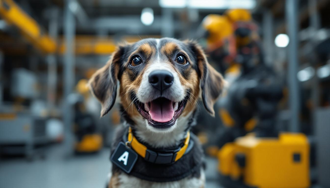 A photograph of a playful dog with a vibrant collar and a name tag starting with the letter 'a