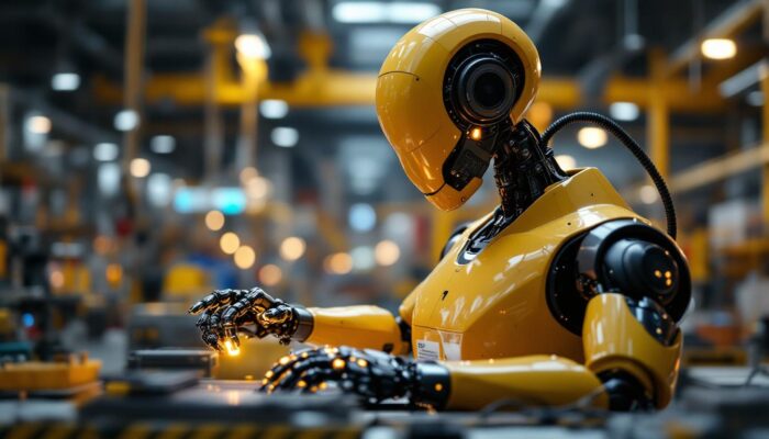 A photograph of a sleek industrial robot in action within a modern manufacturing facility
