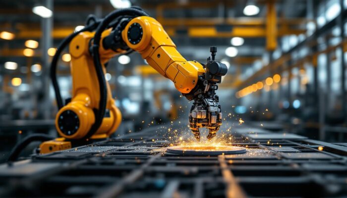 A photograph of a dynamic industrial robotic arm in action