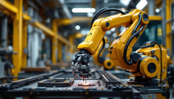 A photograph of a sleek industrial robotic arm in action during a property inspection