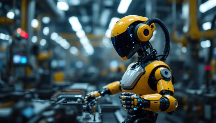 A photograph of a blue spotted monitor robot in action within an industrial setting