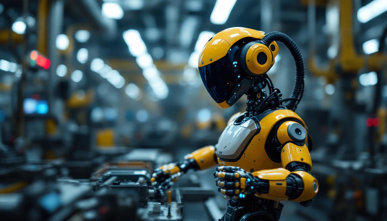 A photograph of a blue spotted monitor robot in action within an industrial setting