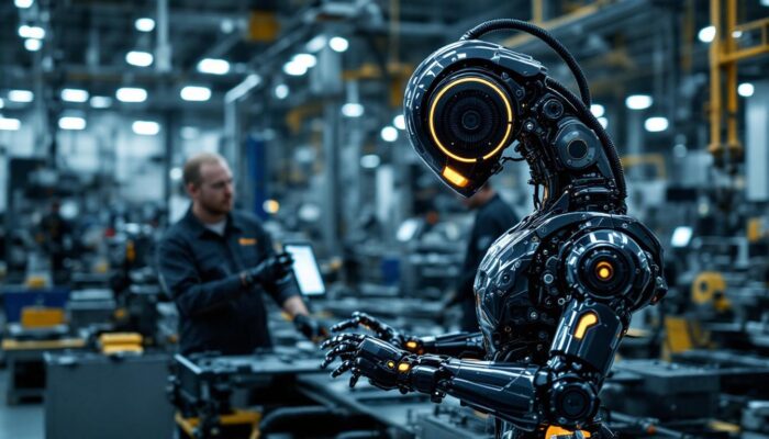 A photograph of a sleek industrial robot in action within a manufacturing environment