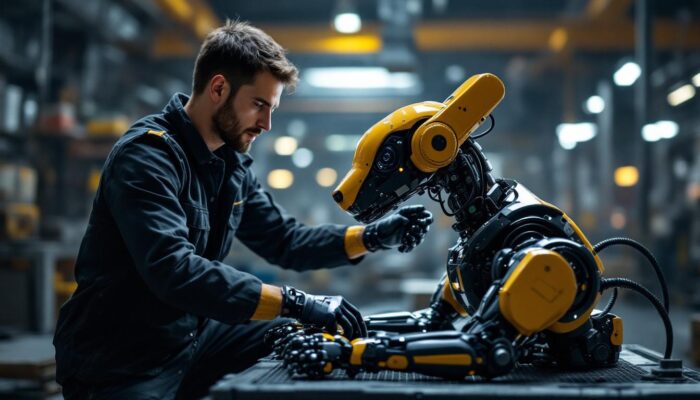 A photograph of a skilled trainer working with an industrial robotic dog in a dynamic training session