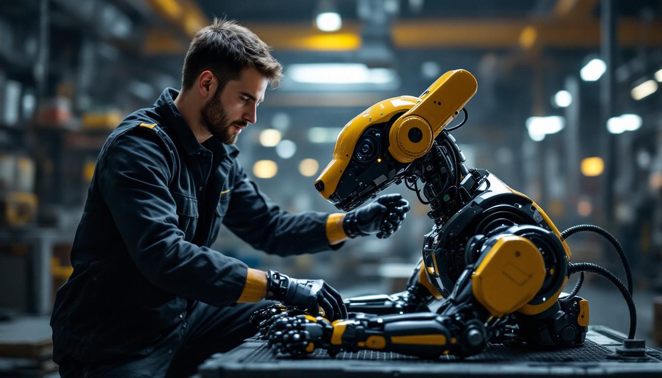 A photograph of a skilled trainer working with an industrial robotic dog in a dynamic training session