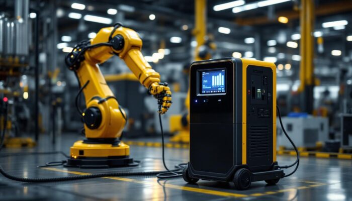 A photograph of a roll-around battery charger in an industrial setting