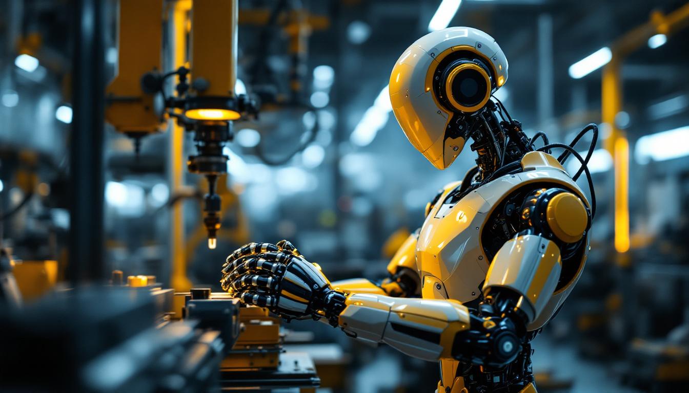 A photograph of a sleek industrial robot in action within a modern manufacturing setting