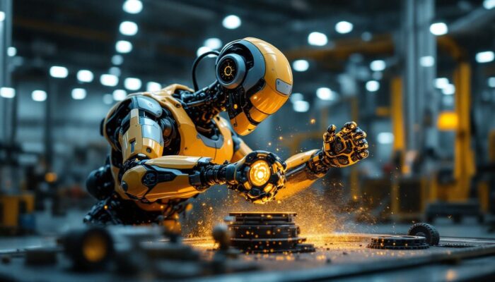 A photograph of a dynamic industrial robot in action
