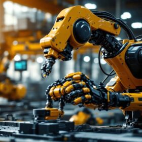 A photograph of a sleek industrial robot in action