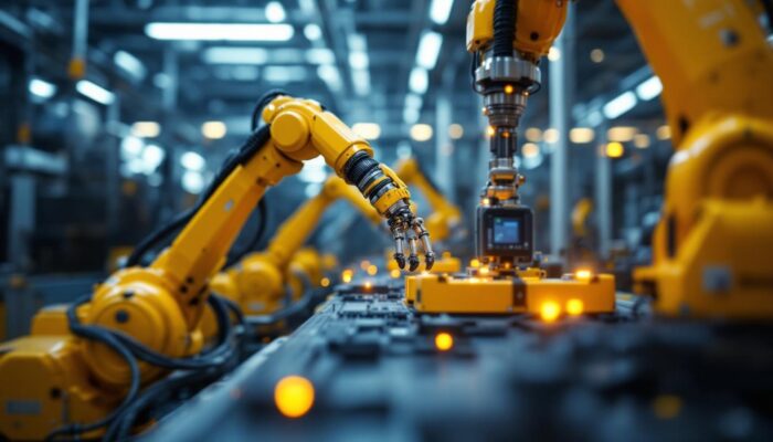 A photograph of a dynamic industrial robotics setup in a high-tech manufacturing environment