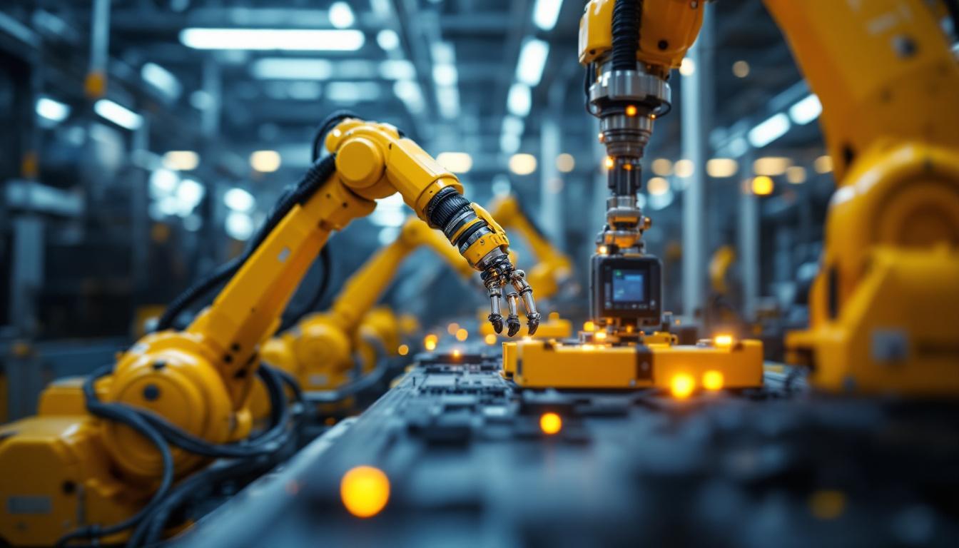 A photograph of a dynamic industrial robotics setup in a high-tech manufacturing environment