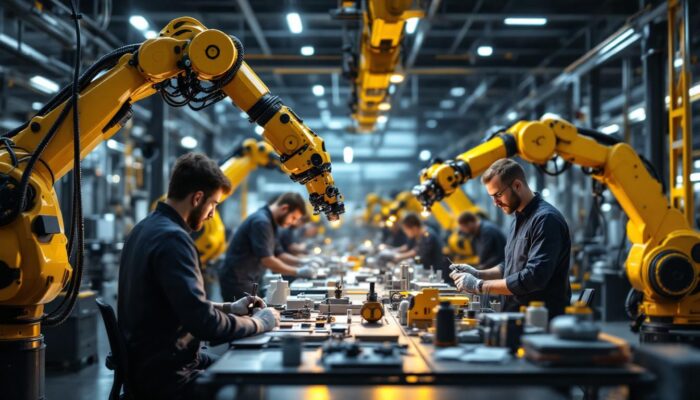 A photograph of a modern industrial robotics workspace in boston