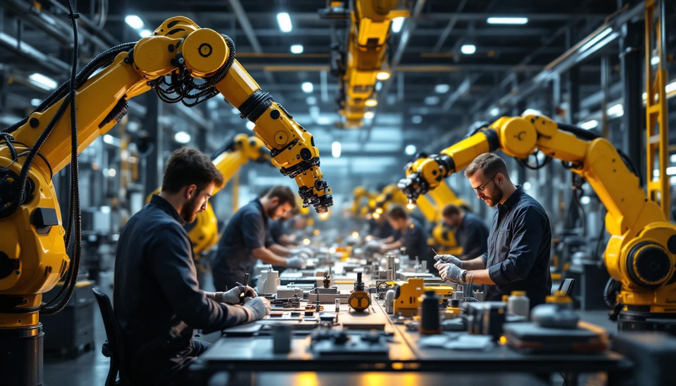 A photograph of a modern industrial robotics workspace in boston