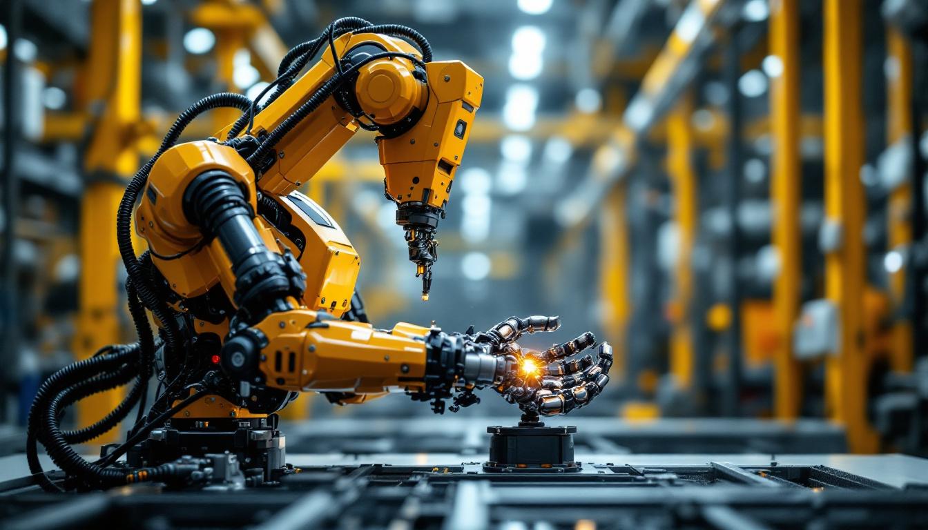 A photograph of a dynamic industrial robot in action