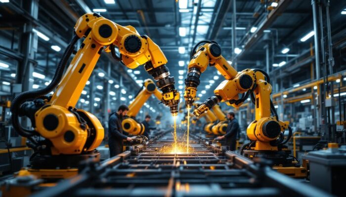 A photograph of a dynamic industrial setting featuring advanced robotic arms in action